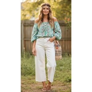 Gap High Rise Wide Leg Cropped Jeans White Raw Hem Denim Size 16/33